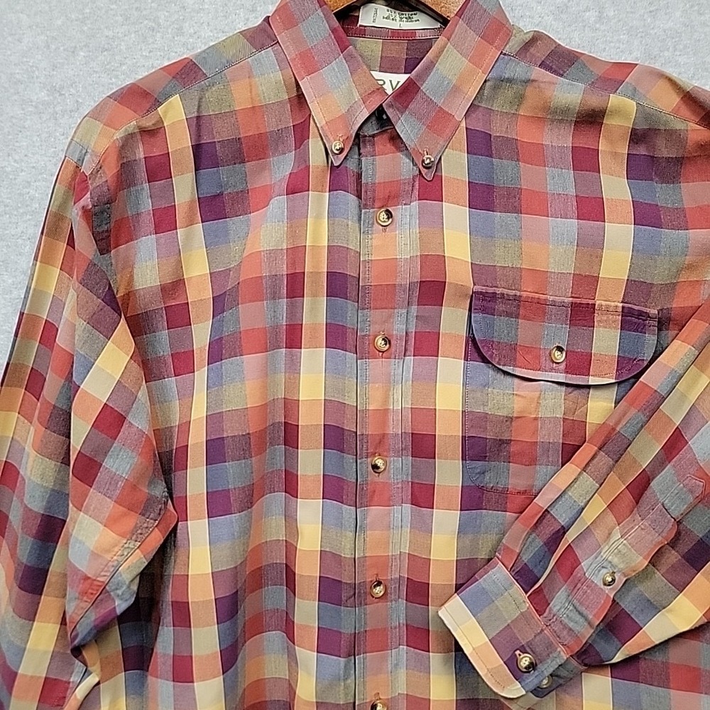 ORVIS Wool‎ Blend Check Button Down Shirt Men's L Orange Purple Autumn Fall READ